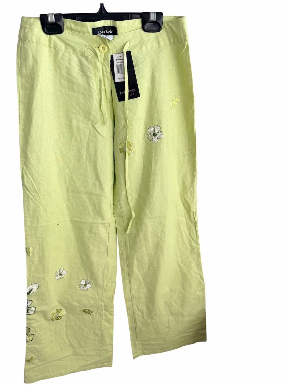 Vintage Y2K BEBE Linen Lime Green Floral Embroidered Pants Size 26”W BRAND NEW